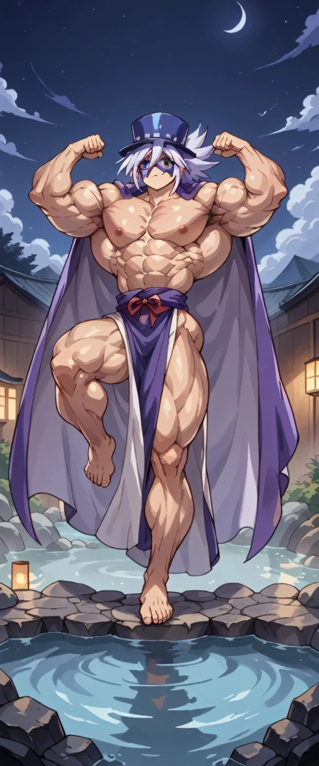 Highest quality,Masterpiece,Pro Art,8k,Based on anatomy,silk hat,Light purple hair,Eye mask,Purple Cape,Japan animated style,kait8uj8ker, white hair, spiked hair, Blue eyes,Full body image,(((Huge muscles))),Open-air hot spring under the night sky,