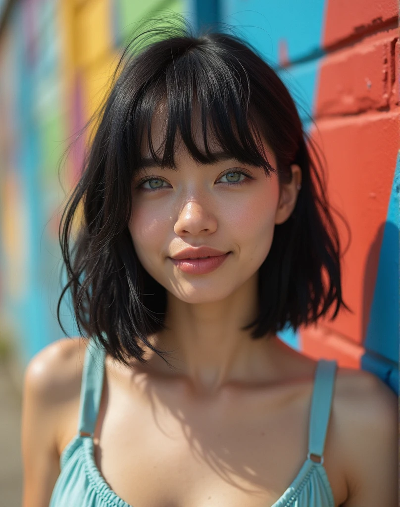 RAW photo, best quality, masterpiece, ((photorealistic)), Polish girl, 20 years old, black hair, Light grey eyes, short bob cut, hair in 7 thirds, hair over one ear, Symmetrical eyes, Detailed Skin, Detailed face, Detailed hands, Big Breasts, rip gloss, Light blue sneakers, photographed in front of a colorful and stylish exterior wall, smiling, full body, sunny, outdoors, detailed background, model-like pose, summer, sunlight, shadow, stylish outfit,