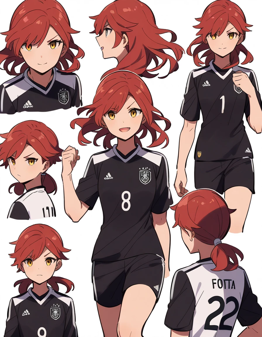 anime girl, soccer player, skin fair, Red hair, gold eyes.