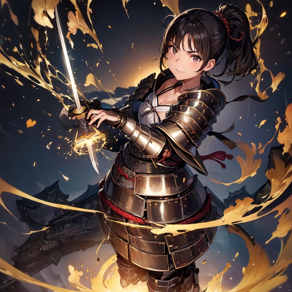 Highest quality, (masterpiece:1.3), Absurd, High resolution,16K, 超High resolution, Official Art, figure,Very detailed, solo, whole body, Delicate line tail face, (short hair:1.3), (Single Ponytail:1.5), (Beautiful black hair:1.2), (Shiny Hair:1.2), (Beautiful brown eyes:1.2), (Shining Eyes:1.2), (Flat chest), (Glowing Skin:1.4), View your viewers, Simple Background, Are standing, smile, (Holding a sword:1.2) ((Japanese) (armor):1.5), (Samurai Girl), armor, Round cheeks,, boyish, cute