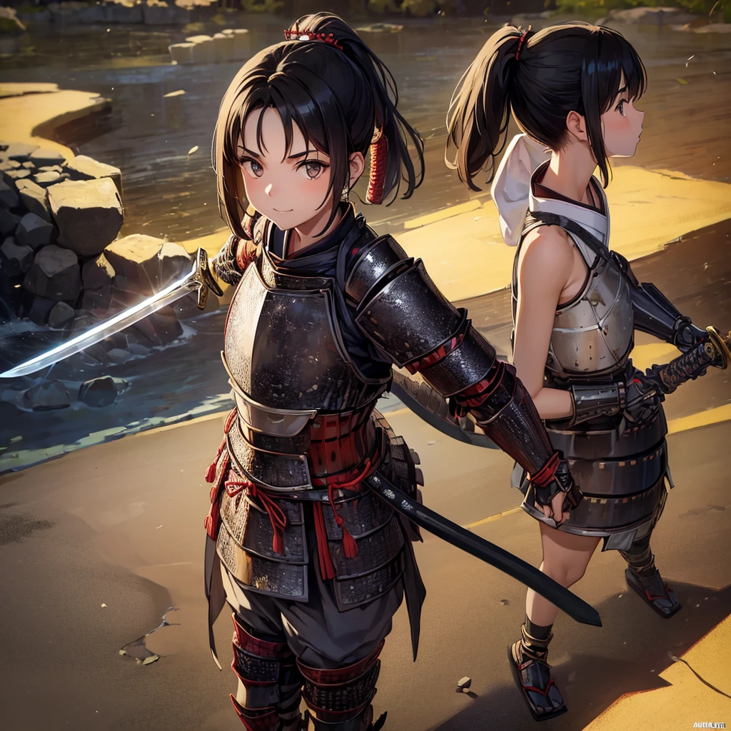 Highest quality, (masterpiece:1.3), Absurd, High resolution,16K, 超High resolution, Official Art, figure,Very detailed, solo, whole body, Delicate line tail face, (short hair:1.3), (Single Ponytail:1.5), (Beautiful black hair:1.2), (Shiny Hair:1.2), (Beautiful brown eyes:1.2), (Shining Eyes:1.2), (Flat chest), (Glowing Skin:1.4), View your viewers, Simple Background, Are standing, smile, (Holding a sword:1.2) ((Japanese) (armor):1.5), (Samurai Girl), armor, Round cheeks,, boyish, cute