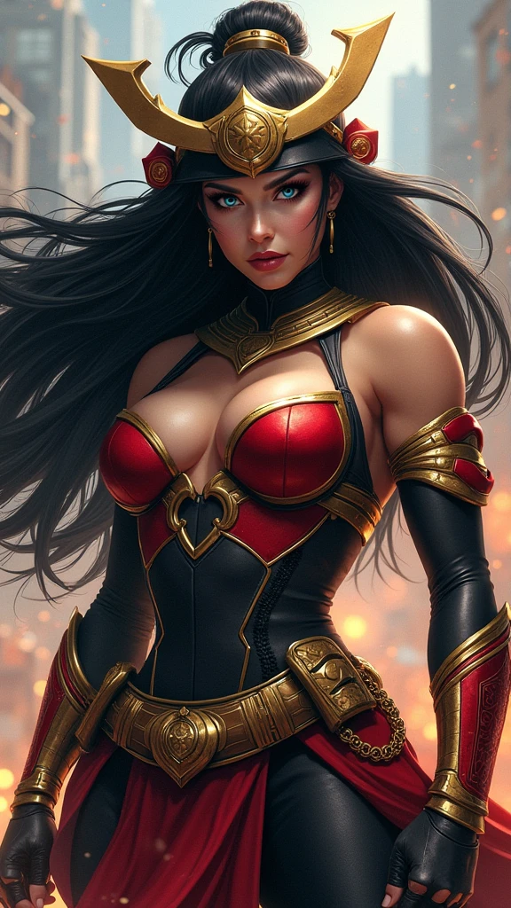 Big Barda has long hair, black and almost always hidden by his samurai helmet. His eyes are light blue. Her superheroine costume is samurai themed.. He usually wears golden clothes.