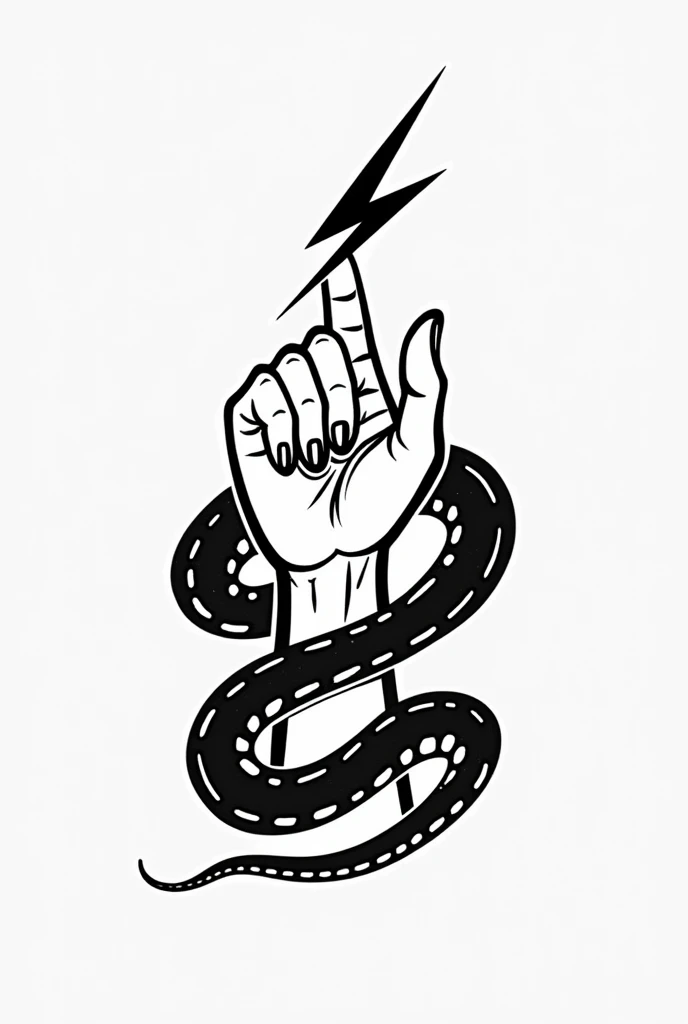 Create a logo concept image for a physical therapy business with a black and white cartoon style of a hand holding a horizontal lightning bolt and around the forearm wrapped 2 snakes