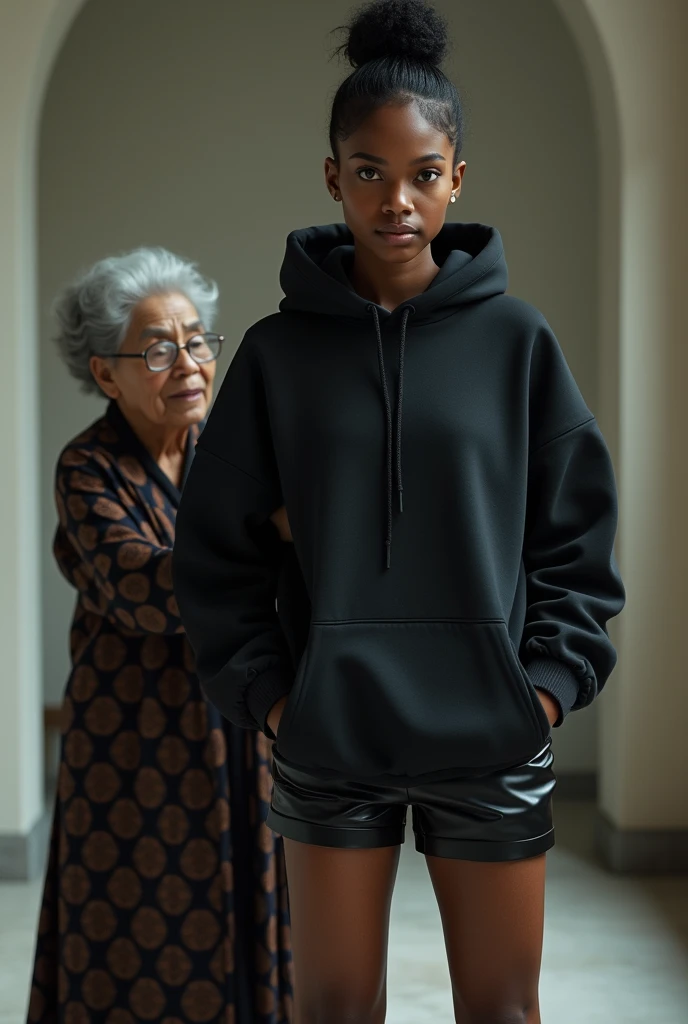 black woman hair in a bun black hoodie black leather short shorts a old grandma in a dress on her knees kissing her ass behind her
