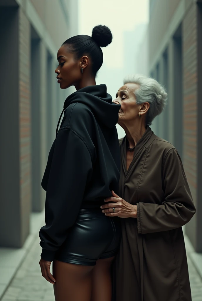 black woman hair in a bun black hoodie   black leather short shorts   a old grandma in a dress on her knees kissing her ass behind her
