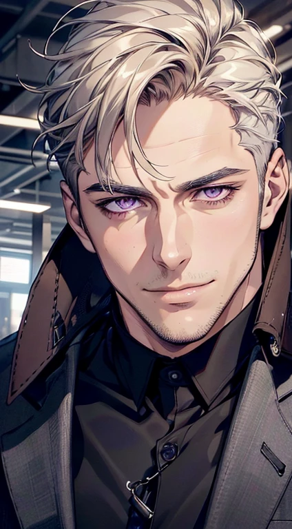 (best quality, masterpiece, 8K, photorealistic, cinematic lighting, hdr image, ultra detailed, beautiful image), 1 man, 3, mature man, very handsome, (without expression, smile), short white hair, purple eyes ( penetrating gaze), perfect face without errors, imposing posture, without errors, businessman, office background