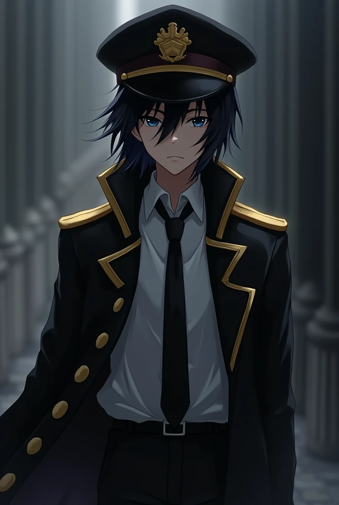 depressed captain anime with a black and gold Black Captain Jacket with a white shirt inside and a black tie and gold captain hat the face is covered with shadow and the Black gold Captain's Cloak hanging on the back