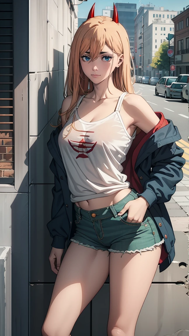 masterpiece, очень detailed, Best quality, ultra high resolution, 1 girl, full length (Full body 1.1), horns, long hair, I look at the viewer, medium breast,, In the open air, power (Man with a chainsaw), hooligan, rebel, smile, blue jacket, trousers, horns демона, yellow eyes, cross-shaped pupils, shirt, hair between eyes, Black trousers, (with grinning shoulders:1.3), (partially_unbuttoned:1.2), Белая shirt Ультра прозрачная, Chainsaw Man Energy, Два красных острых horns на голове, ultra sharp image, very beautiful, small chest. long hair, blonde, beautiful figure, tight clothes, T-shirt with the image of a cat, denim shorts, shoes, ярко-yellow eyes, Red crosses and circles instead of pupils, beautiful body, sexy clothes, beautiful eyes, very detailed eyes, очень detailed face, beautiful body, Chereter Design, очень detailed, detailed body, detailed hands, detailed, Vibrating, detailed Face, Sharp Focus, oops, Artgerm, anime art, Vibrating, detailed Face, Hugh Details, Sharp Focus, Very downcast face, Detailed eye, super lovely illustration, best shadow, finely detail, beautiful detail