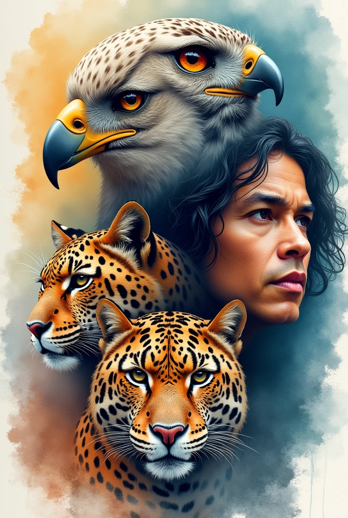 Watercolor drawing of an eagle&#39;s eyes, an owl and a jaguar and a pre-Hispanic man