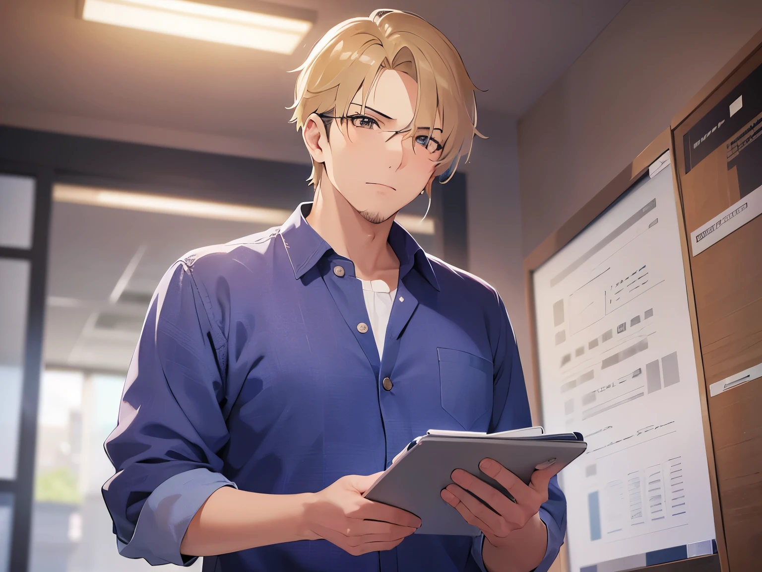shiny skin,masterpiece,Highest quality,BREAK (A 29-year-old man:1.5) and (Blonde short hair) and (Orange eyes),(Wearing an Aloha shirt)BREAK,(Annoyed face),Background in the office,(alone:1.5),(holding documents in hand),(Biologically correct5Finger)