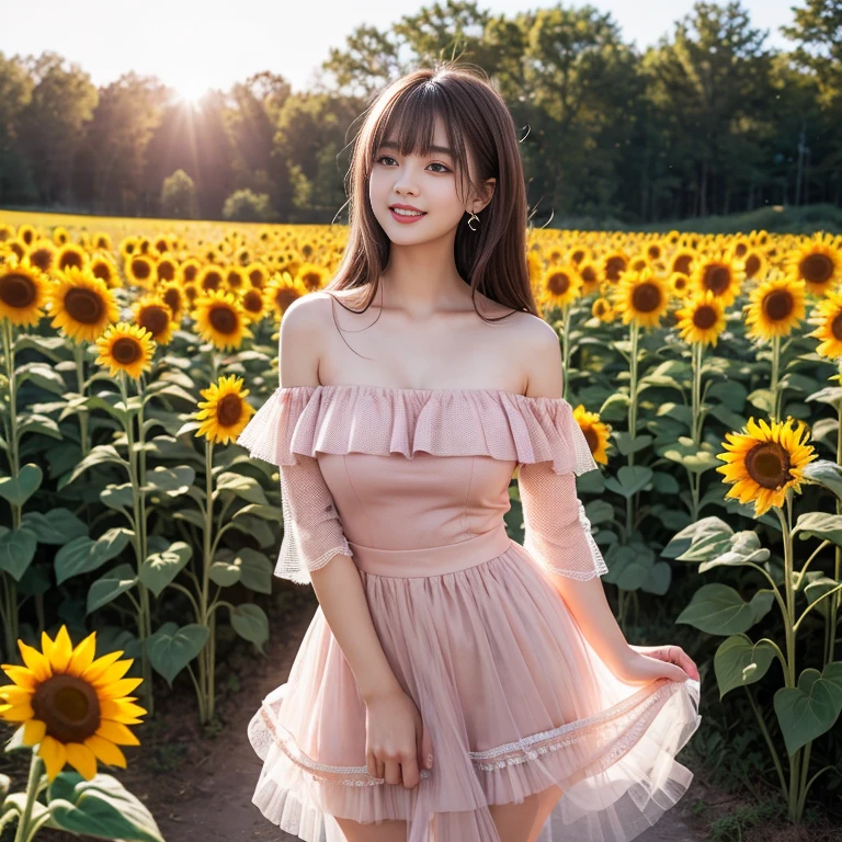 laughing out loud，Tutu，(knee shot) ，In a field of sunflower flowers，Wearing a gauze skirt dress，fluffy skirt, five-layer mesh skirt, elegant，Fresh and unearthly，off shoulder dress，Pink dress，Elegant，1 female, On the face, light brown hair, blunt bangs, hair behind ears, Shoulder-length hair, long hair, Slender body type, 超face slimming型, face slimming, delicate lips, beautiful eyes, Thin blush, Eyes are light brown,View here, (actual:1.3), One person's perspective, 8k, Super detailed, high quality, best quality, High resolution, ，Large Breasts，wear a H cup, 3,above knee shot