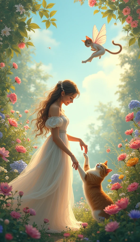 A scene of a beautiful girl touching a cat&#39;foot、Beautiful flower garden、Dancing Cat Fairy、morning、Sky Blue, laugh, princess and cat fairy