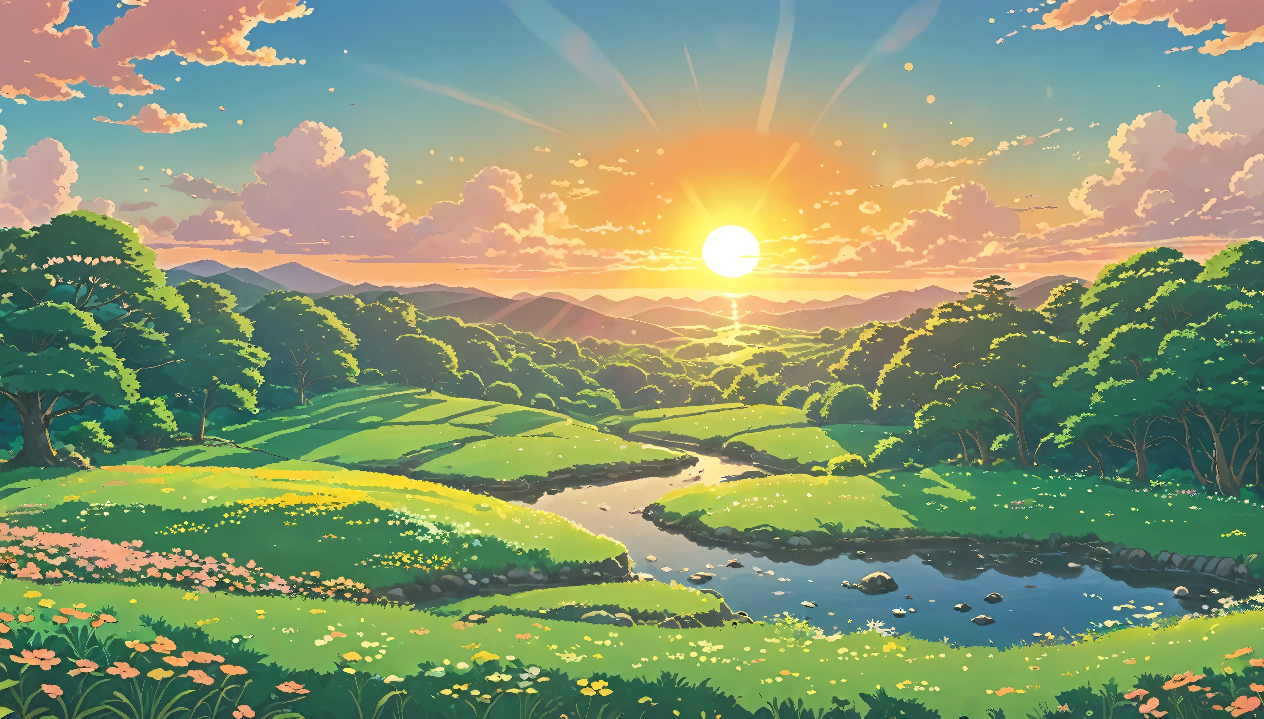 Lofi Spring Landscapes Wallpaper,Studio ghibli inspired, No people Lofi Wallpaper ,Cute ,The sun is setting.