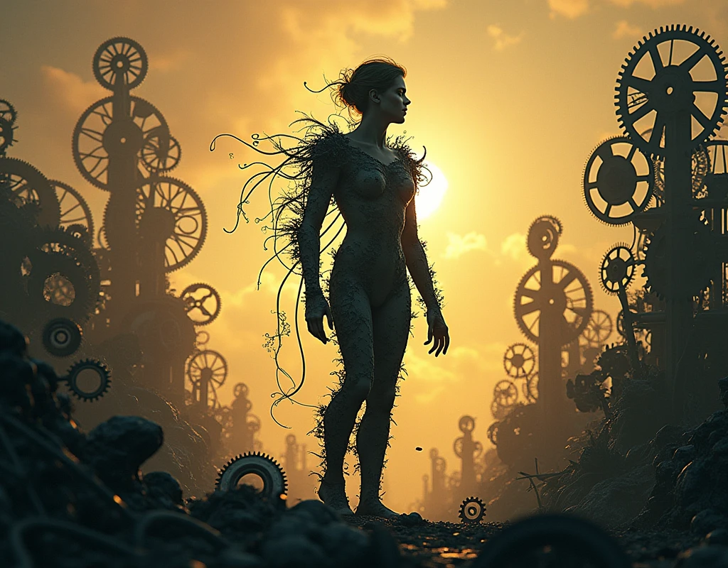 A silhouette of a person with gears in the background