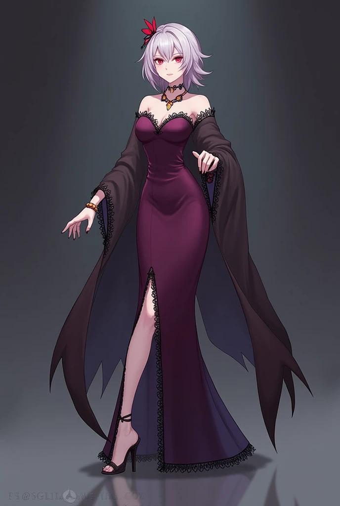 /imagine "Evelynn from Genshin Impact in a costume that is 50% similar to Clorinde. The costume is primarily purple with black and red details, featuring a long, fitted dress with lace trim, a high slit, a butterfly-themed necklace and bracelet, a long asymmetrical cloak with sheer elements, and high-heeled shoes with a sophisticated design."
