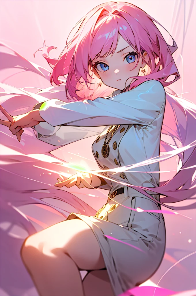 (masterpiece), (best quality: 1.0), (ultra high resolution: 1.0), (1 girl), (best quality, 4k, 8K, masterpiece: 1.2), 2.5d, pink hair, her pose is relaxed but with a dominant attitude, diffuse background and bokeh with soft colors, hypnotic background, hypnotic eyes, pocket watch moving, gaze at the viewer