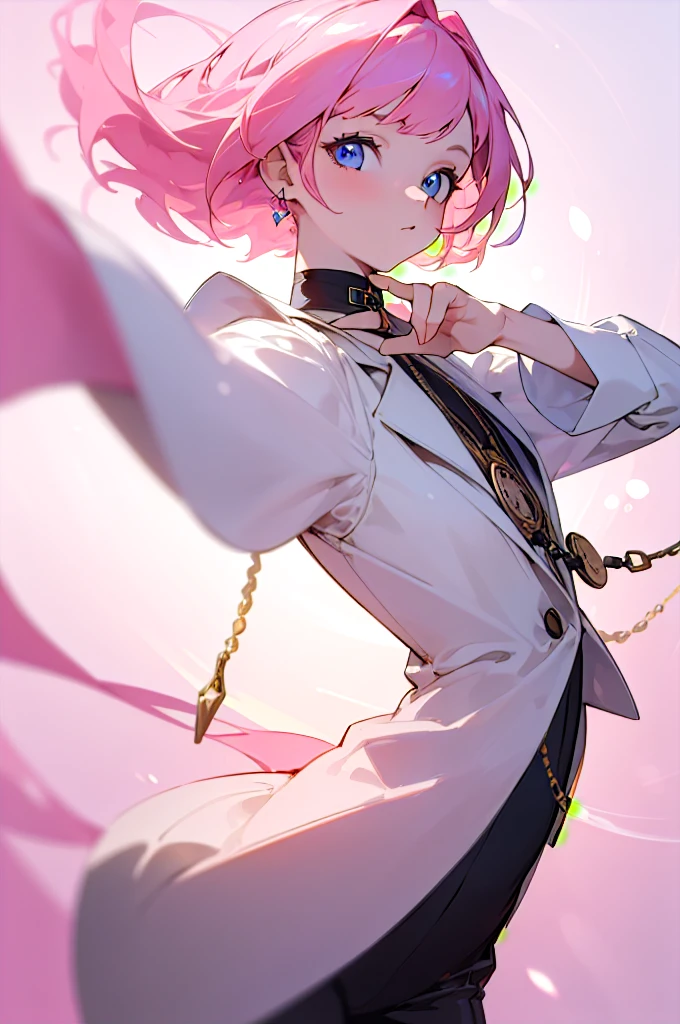 (masterpiece), (best quality: 1.0), (ultra high resolution: 1.0), (1 girl), (best quality, 4k, 8K, masterpiece: 1.2), 2.5d, pink hair, her pose is relaxed but with a dominant attitude, diffuse background and bokeh with soft colors, hypnotic background, hypnotic eyes, pocket watch moving, gaze at the viewer