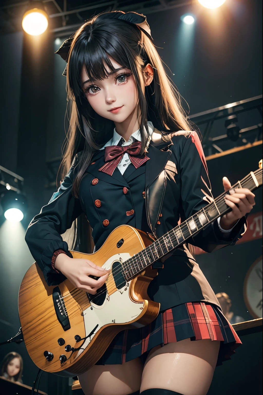 High school girl blazer、uniform、Red checked knee-length skirt、Long skirt、JK Style、Jacket、smile、Knee-high socks、Thigh-high socks、pantyhose、Extremely beautiful、Super cute、ennui、Rare Beauty、Dark black eyeshadow、sad、Skin radiance、Long Hair Straight Hair、Dark Gothic Makeup、Dark Smile、Fragrant beauty、Stained glass background、masterpiece、Highest quality、See 5 books、Sweat glistening on my chest、Sweat glistening on the face、Small breasts、2、Slightly slim、Mysterious look、Sad look、Mysterious Gothic Church、enchanting castle、Excessive sweating all over the body、Thighsに大量の汗と光、光沢のあるThighs、Thighs、Thighsに大量の汗が光る、sweat profusely、Gal、Small breasts、Japanese face、Captivating look、細いThighs、play the guitar、I have a guitar、Enthusiastic singing、バンドでplay the guitar、Playing guitar chords、Background of the live music venue、Sing a song、Open your mouth、Scenery of a live music venue、Mike stand、Glamorous live stage、Dynamic Angles、Vivid straight long hair、delicate straight hair、