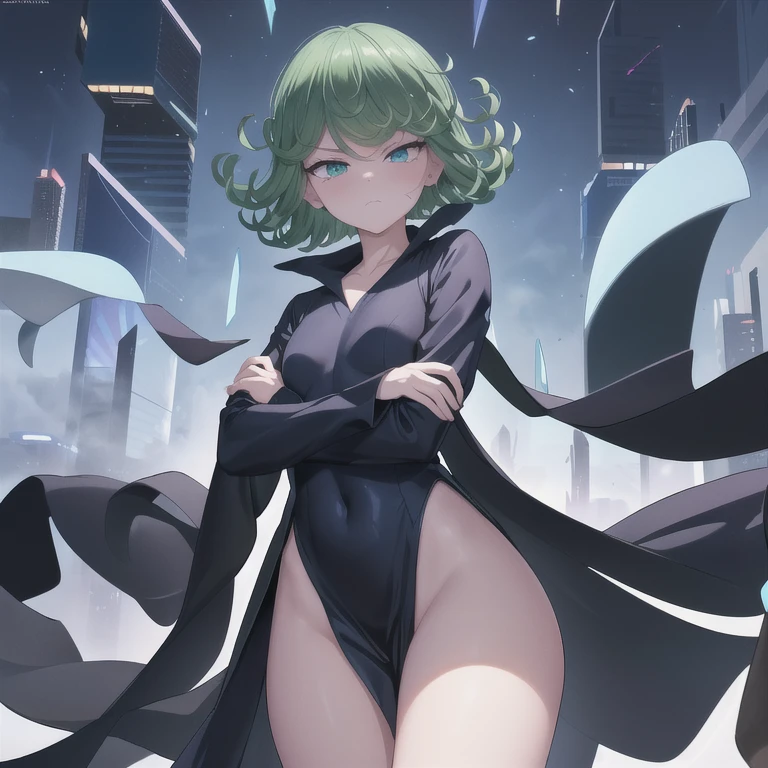 masterpiece, best quality, ultra-detailed, illustration, epic lighting, cinematic composition, 1girl, tatsumaki, very small breasts, black dress, pelvic curtain, long sleeves, green eyes, glowing eyes, crossed arms, pouting, closed mouth, piercing gaze,standing, legs apart, from below, looking at viewer, blue sky, (8k:1.1)