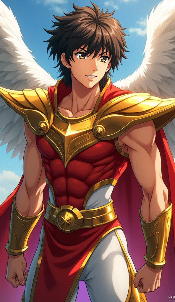 ((best quality)), ((artwork)), ((realistic)), ((best quality)), ((artwork)), Pegasus Seiya from the anime Saint Seiya ((realistic)), ( high resolution), original, extremely detailed 8K, (photorealistic: 1.4), flawless face, perfect eyes, symmetrical body shape, smile,