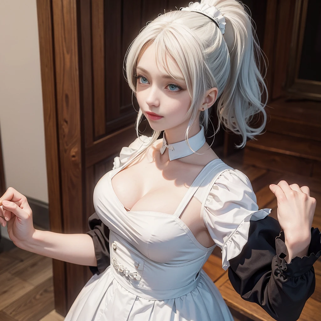,white hair,High double ponytail,maid outfit,Showing chest,Large Breasts,home