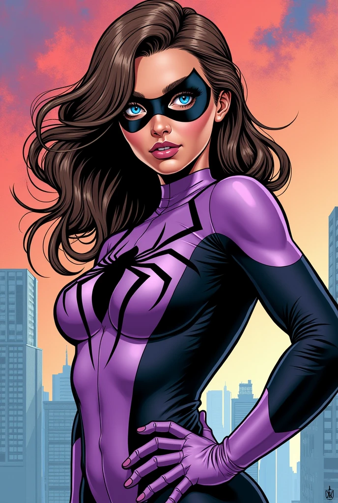 a girl with brown hair and blue eyes. her hair is a tomboy and she has big eyelashes. she has a lilac spiderman outfit, but only with a mask over her eyes, and she is over 20 years old . MARVEL 1980 comics style 2D
