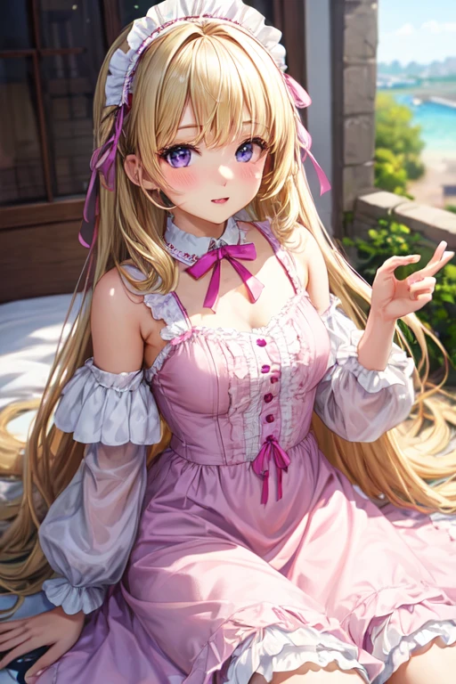 Blonde girl long hair, with lilac eyes, pink ta dress