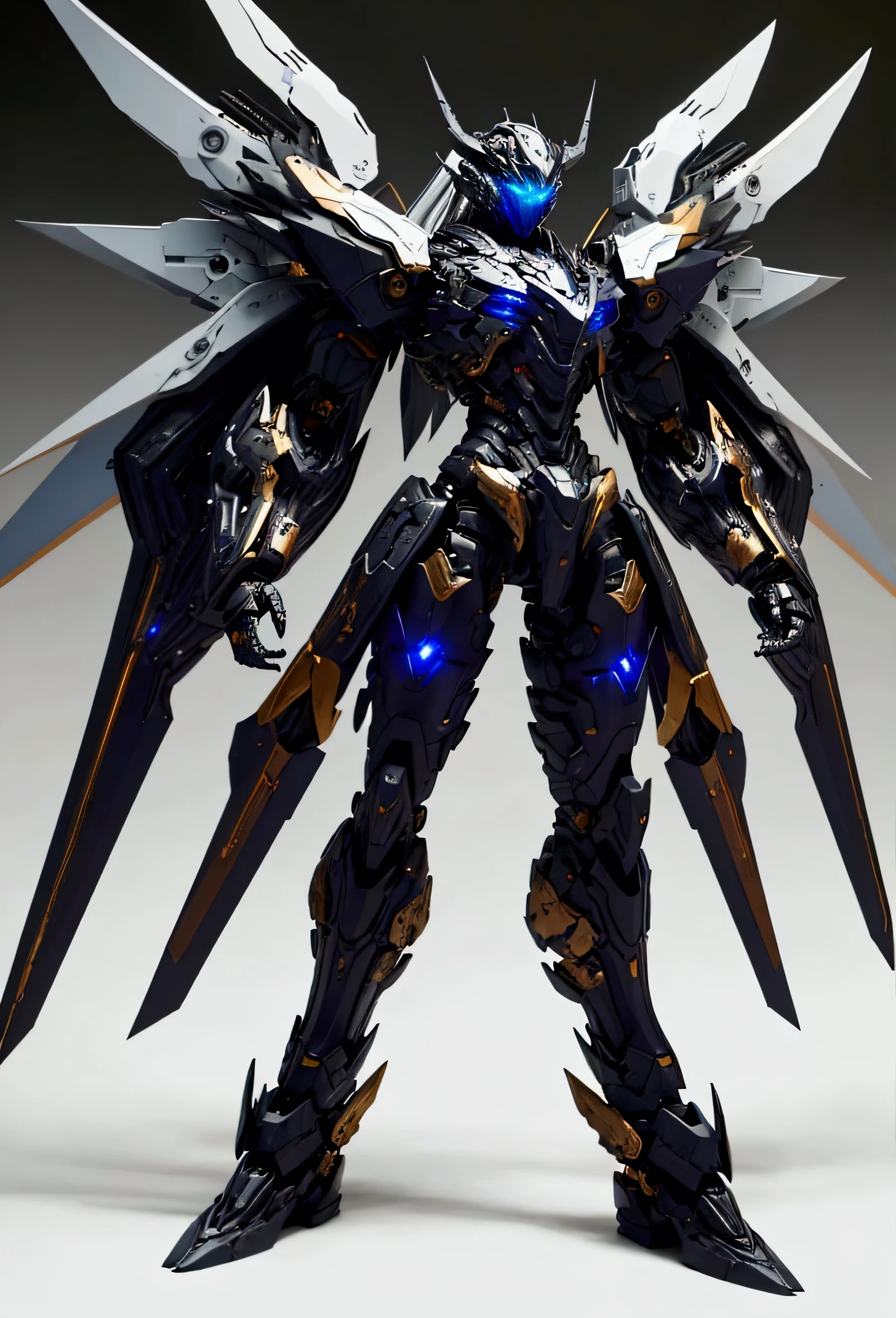 This male humanoid mecha is about the same height as a human.,The person inside is Li Jun,The body is well-proportioned and full of power。Its head is streamlined,Like a delicate bullet,The face is covered by a transparent protective shield that shimmers with mysterious light.,Inside the shield are complex and sophisticated sensors and communications devices.,Like a pair of lively eyes,Always be aware of everything around you。The mecha's shoulders are broad and solid,It is inlaid with pieces of armor that shine with metallic luster.,The edge of the armor is as sharp as a blade,As if it could easily cut through any obstacle。Smooth arm lines,The muscular metal structure is looming,Every joint is flexible,It makes a slight but powerful mechanical sound when in motion。The hands are made of solid alloy,Long fingers with flexible joints,The fingertips are equipped with a device that can release powerful energy,Like the claws of a beast ready to strike。The body of the mecha is upright and strong,The chest is a thick energy core shield,Blue energy lines flow on the shield,Like a mysterious rune,Endless power。The abdomen is a layer of tightly packed micro-thrusters,Provides powerful power support for the rapid movement and flexible turning of the mecha。A pair of retractable metal wings on the back,When the wings are spread,Like angel wings,But its material and structure demonstrate an unparalleled sense of technology and cool power.。The mecha's legs are straight and powerful,Thighs are thick and strong,The calf lines are beautiful and elastic,The foot is made of special materials with shock-absorbing devices and a sole with strong grip.,It enables it to stand stably and move quickly in various complex terrains。The entire mecha is coated with a color-changing coating that can adapt to the environment.,Sometimes it appears deep black,Sometimes it shines brightly in silver,Like a mysterious warrior from the future,Exudes awe-inspiring vibes。