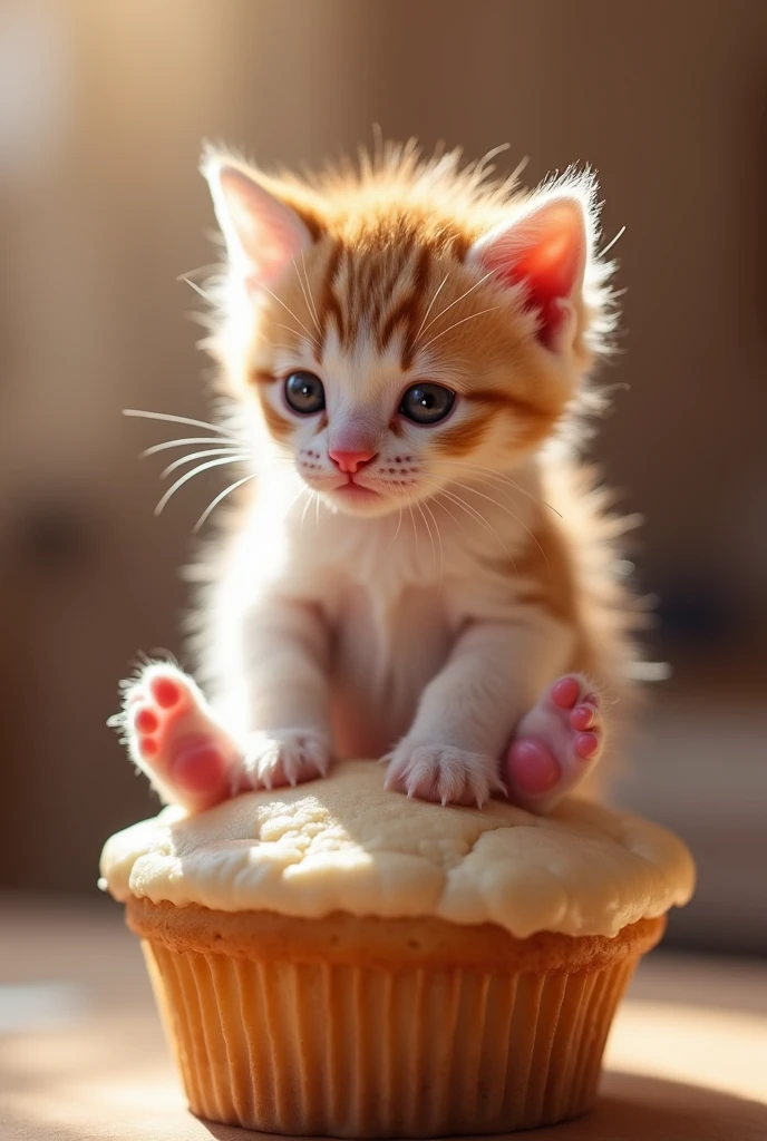 a very cute baby kitten, detailed paws, pink nose, sitting on a cupcake, 10 days old, chubby, realistic, 8k, highres, detailed fur, adorable expression, soft lighting, warm colors, photorealistic, detailed whiskers, detailed eyes, detailed nose, detailed mouth, detailed paws, detailed toe beans, detailed ears, detailed tail, detailed texture, depth of field, volumetric lighting, cinematic lighting, studio lighting, professional photography, award winning photograph, intricate details, delicate features, plump body, fluffy fur, endearing pose