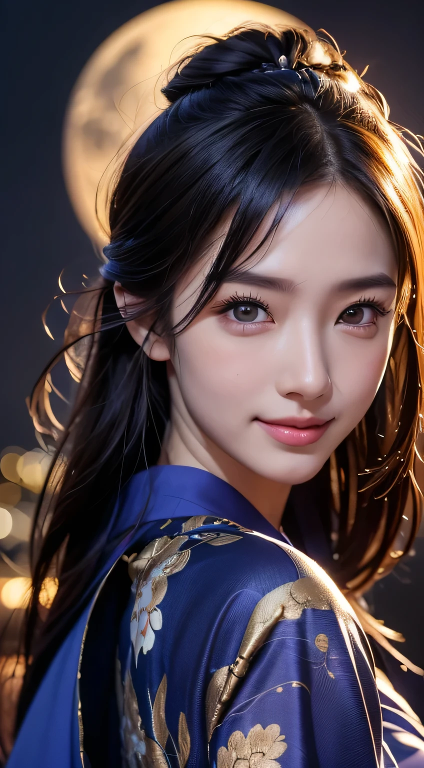 Beautiful woman in kimono,8k,Beautiful details in the eyes,Dindal effect、masterpiece, 最high quality, high quality, High resolution、Super detailed photos、(Natural skin texture、Detailed skin、Hyperrealism、Ultra Sharpness)、Skin with attention to detail、(Very detailed、Detailed skin texture、Intricate details、Beautiful Face、(A vivid face)、Realistic eyes、Beautiful and fine details、Realistic Skin、Beautiful skins、surreal、Very detailed、Golden Ratio、With a smile、((Night moonlight background))、Body Portrait