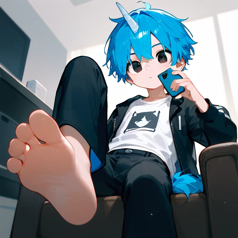 A cute boy sit on the chair，Low Angle，Holding a mobile phone，Black eyes，barefoot，Blue Hair，There is a blue Unicorn on the head，black eyes，White T-shirt，Black jacket，Black pants，Perfect feet，A big foot，Lift one foot，Stand on one foot