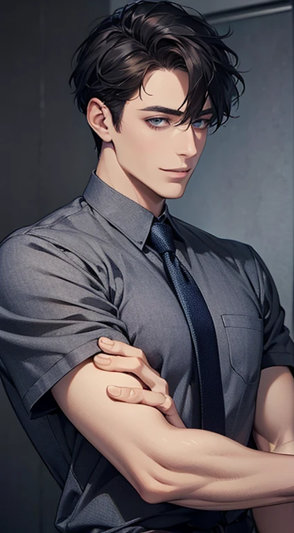 (Highest quality,4K,8K,High resolution,masterpiece:1.2),Super detailed,(Realistic,photoRealistic,photo-Realistic:1.37),1 personld,Mature Man,Beautiful skin、Profile、very handsome,Expressionless,smile,Short gray black hair,blue eyes,Sharp Eyes,A perfect face without a doubt,Businessman,Office Background,Cinema Lighting,HDR image,tie.