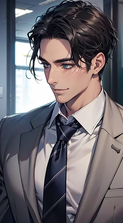(Highest quality,4K,8K,High resolution,masterpiece:1.2),Super detailed,(Realistic,photoRealistic,photo-Realistic:1.37),1 personld,Mature Man,Beautiful skin、Profile、very handsome,Expressionless,smile,Short gray black hair,blue eyes,Sharp Eyes,A perfect face without a doubt,Businessman,Office Background,Cinema Lighting,HDR image,tie.
