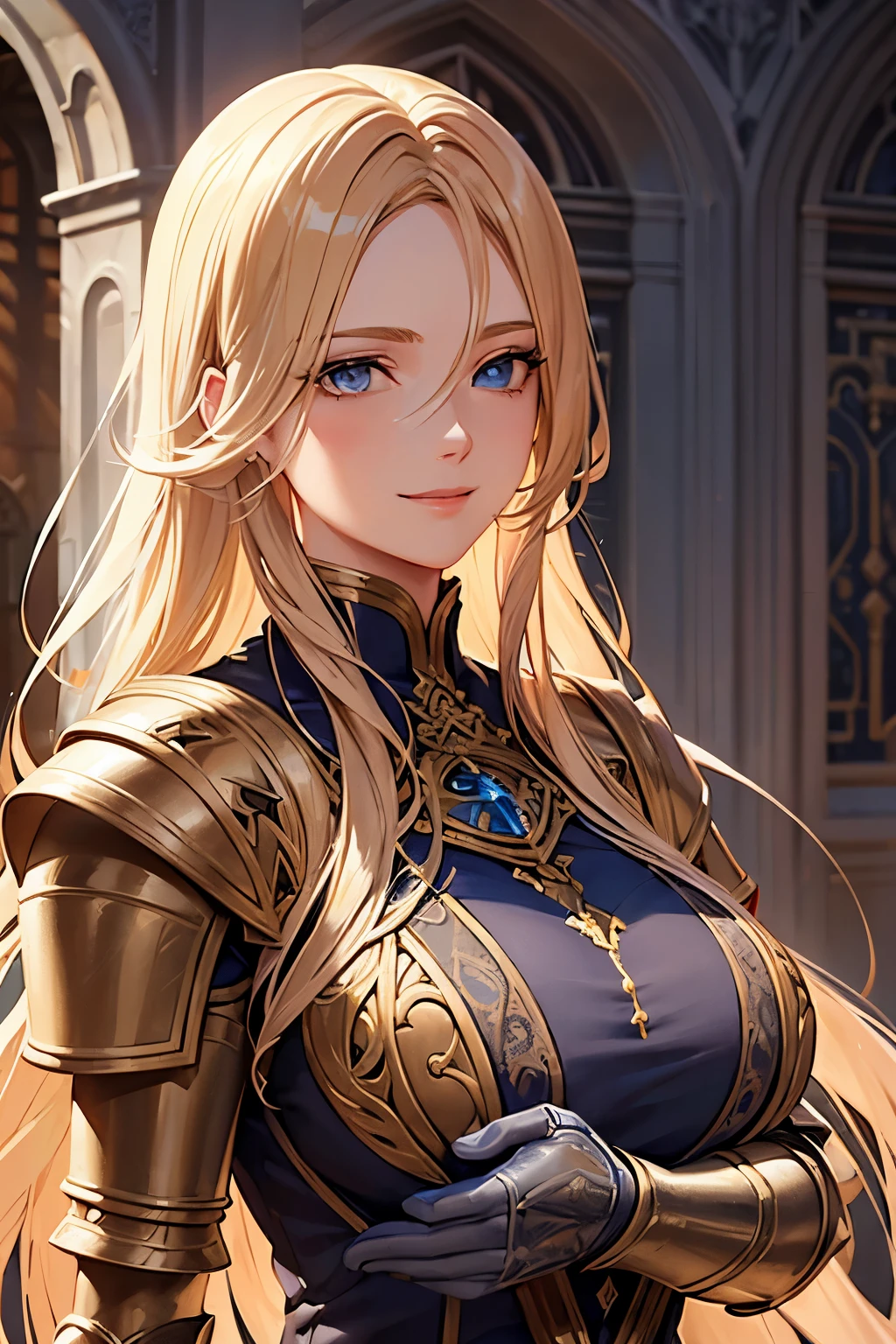 a beautiful young woman with golden hair and azure eyes standing in a castle courtyard, exquisitely detailed, smiling ,highly detailed facial features, wearing iron silver armor, intricate armor details, glowing magical energy, dramatic lighting, Renaissance castle interior, epic fantasy scene, cinematic lighting, photorealistic, 8k:1.2, highly detailed:1.2, masterpiece:1.3