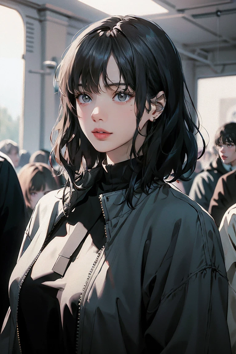 Beautiful girl with realistic black eyes, Pale skin, Medium size black hair, Perfect Face, Perfect Eyes, Wearing a coat, Very detailed, General Movie, Digital Painting, 8k, Cinema Lighting, Highest quality, High resolution, well done!, Post-processing, Perfect results, Surreal,(((Revealing clothing))),Big Breasts