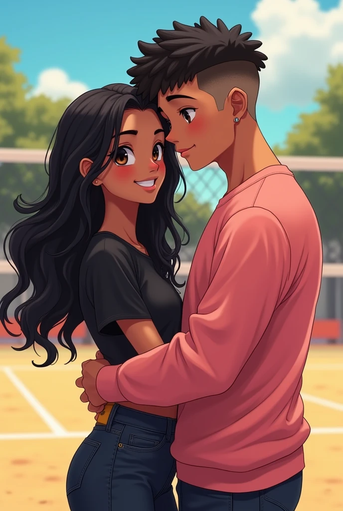 brown teenage girl ,big black eyes with loose wavy black hair down to her back smiling, wearing a black blouse. hugging a strong dark-haired teenage boy with short curly hair and shaved sides, very small eyes, earring in the ear, wearing a pink sweatshirt, and in the background a volleyball court