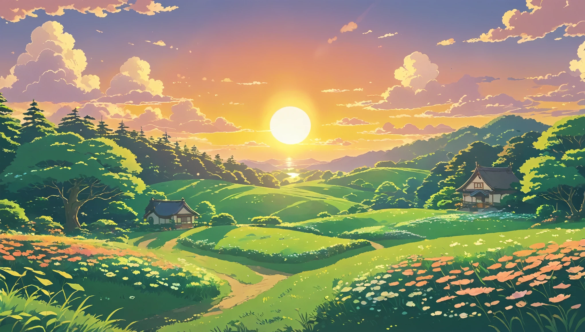 Lofi Spring Landscapes Wallpaper,Studio ghibli inspired, No people Lofi Wallpaper ,Cute ,The sun is setting.