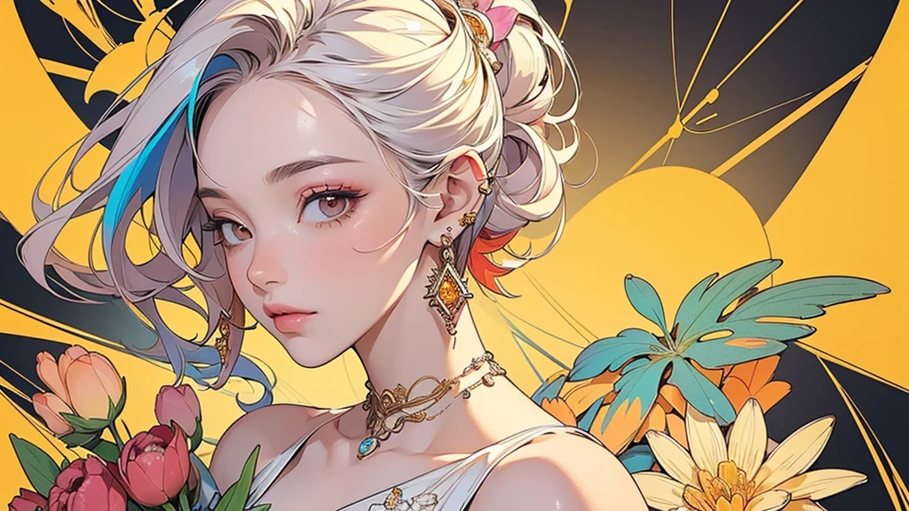 32K, 最高quality, 最高masterpiece, (ultra-Detailed Background, Detailed Background), High resolution, Super detailed, Very detailedな, 1 personの, (bouquet:1.3), (Tangled:1.2), (Geometric:1.2),(colorful),(masterpiece, quality, best quality, Official Art, Beautiful and beautiful:1.2), (1 person:1.3), Very detailed,(colorful:1.1)(Flowers:1.3),Most detailed,(Tangled:1.2), whole body, (Abstract background:1.3), (Skin glows), (Many colors:1.4), ,(Earrings Jewelry:1.5), Pale yellow background, It's imaginative., Milk tea colored hair, Updo,