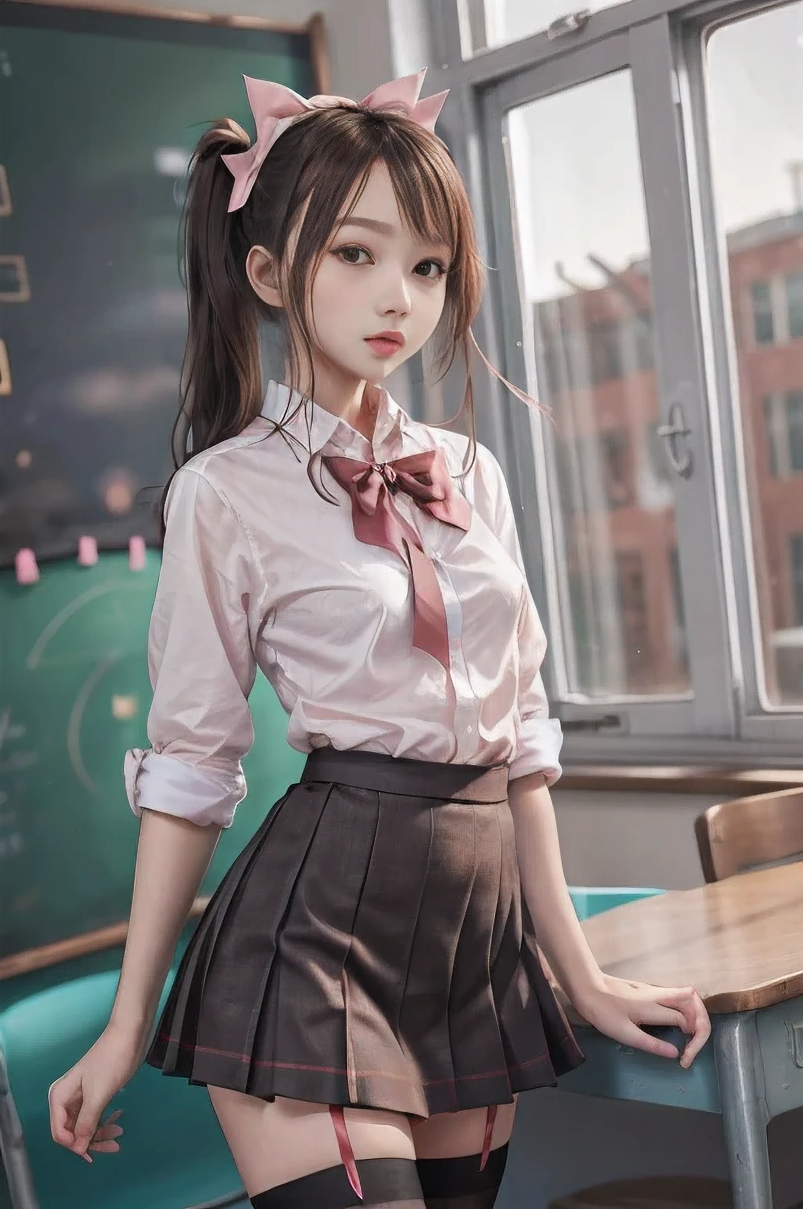 masterpiece, high res, 4k, (perfect anatomy:1.5), perfect long legs, perfect arms, cute face, rose cheeks, school girl, school uniform with bows and ribbons, mini pleated skirt stockings, pigtails, long blonde hair with bows and ribbons, tiny body, sexy body