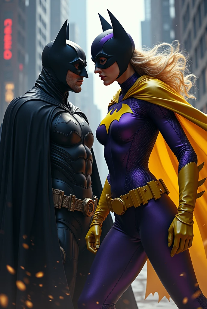 Batgirl, black mask, purple and gold scheme, yellow cape