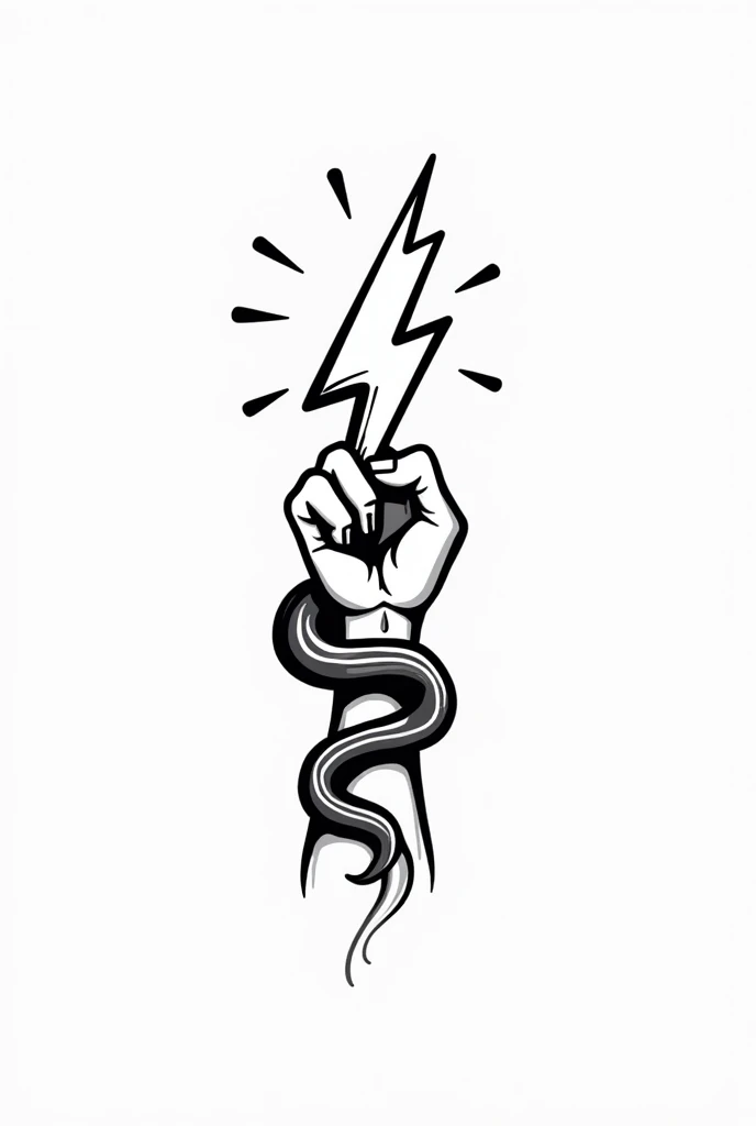   
Create a logo concept image for a physical therapy business with a black and white cartoon style of a hand holding a horizontal lightning bolt and around the forearm wrapped 2 snakes

