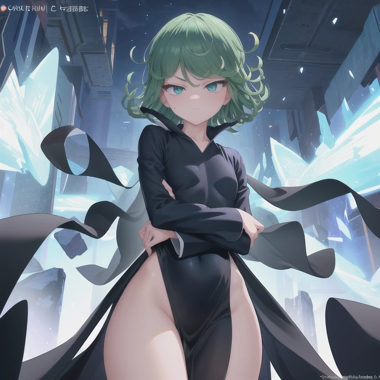 masterpiece, best quality, ultra-detailed, illustration, epic lighting, cinematic composition, 1girl, tatsumaki, very small breasts, black dress, pelvic curtain, long sleeves, green eyes, glowing eyes, crossed arms, pouting, closed mouth, piercing gaze,standing, legs apart, from below, looking at viewer, blue sky, (8k:1.1)