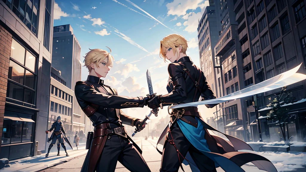 a young man with blonde hair and blue eyes. using sword. with his partner a young man with dark hair using a gunshot. they using casual clothes. fighting black monsters in the middle of city