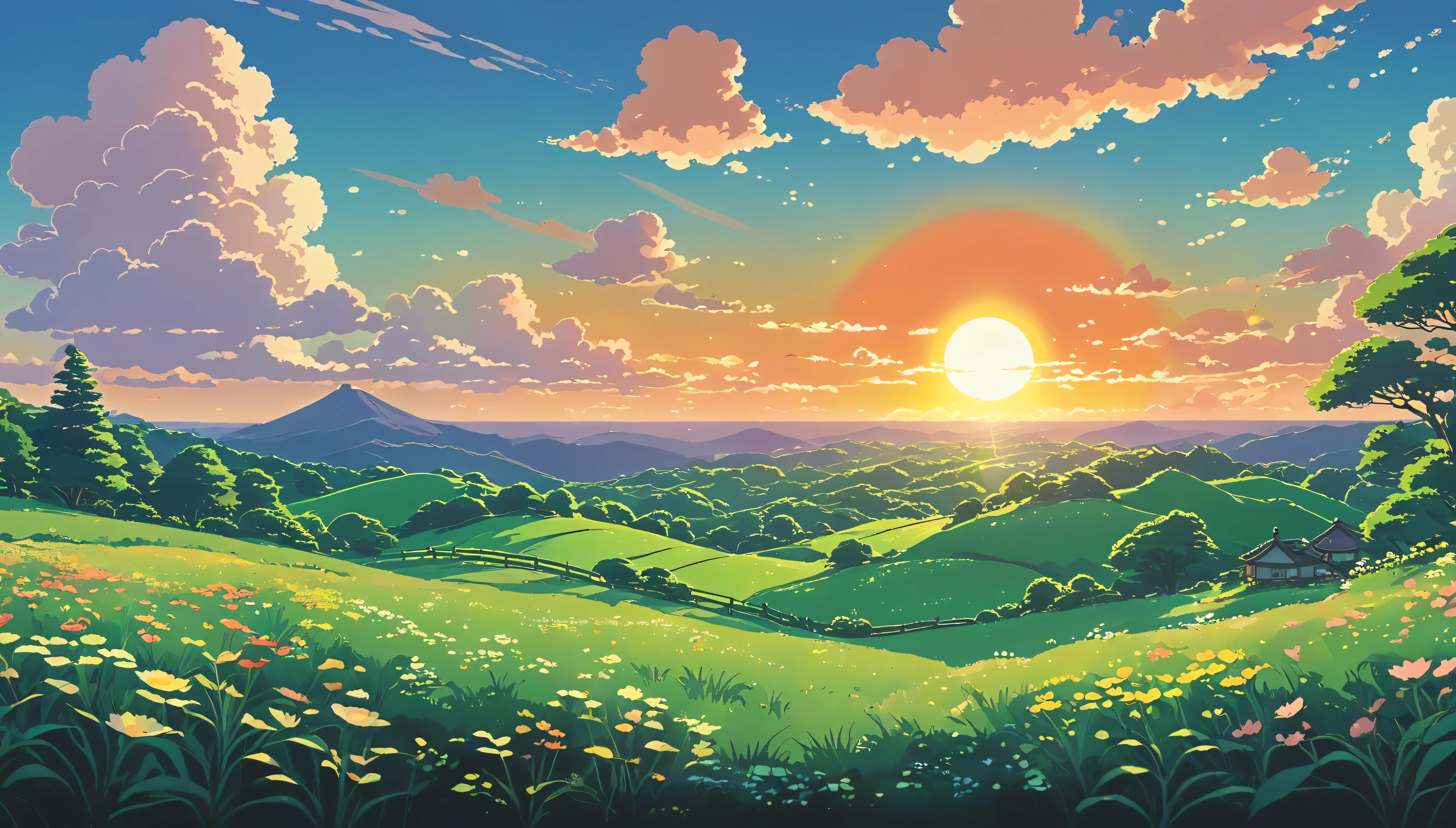 Lofi Spring Landscapes Wallpaper,Studio ghibli inspired, No people Lofi Wallpaper ,Cute ,The sun is setting.