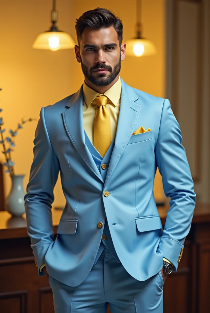 light blue coat suit and light yellow shirt men with tie