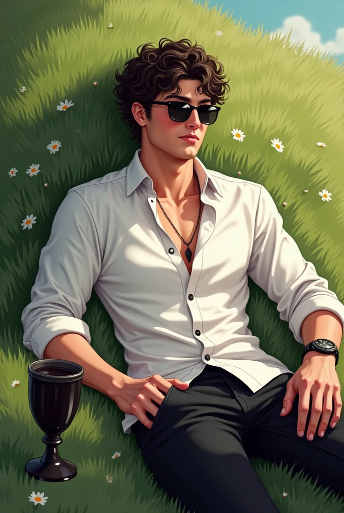 A young man with dark short curly hair he is wearing a white shirt and a black pant with a watch and sunglass.first two button of his shirt is opened and he is wearing a sunglasses also. He is laying against a grewal with a black glass.. His face is full with confidence.