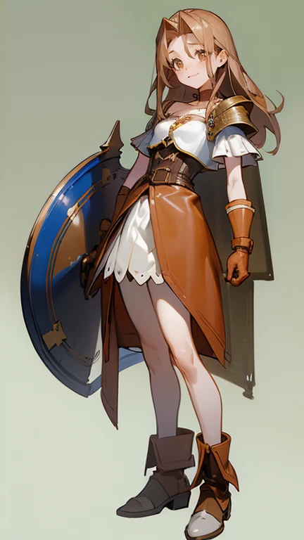 ((1 masterpiece, high resolution, best qualityer, 4K quality)), Beautiful picture, Same character, 1 girl, standing alone,  smitten, excitado,very happy, ssmile, gaping mouth, adventurers, musketier, RPG, medium breasts, almond-shaped golden eyes, long brown hair, pierce hair, hip bones, clavicle, overskirt, school overskirt, blouse, school blouse, ((leather armour)), leather gloves, asymmetrical gloves, leather boots, asymmetrical shoes, High Heeled Boots, shoulder armor, ((single shoulder)), leather corset, Chest harness, heart plate, whole body, standing, ,simple background, fundo cinza,
