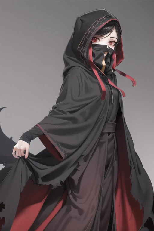 NNAssassinFSF, 1girl, solo, black hair, long cape sleeves, sleeves covered hands, long skirt, robe dress, long cape, cape, black cloak, hood up, black robe, covered mouth, white gloves, mask, hooded cloak, ((masterpiece, best quality)),standing, robe cross, room, red eyes, happy look, 