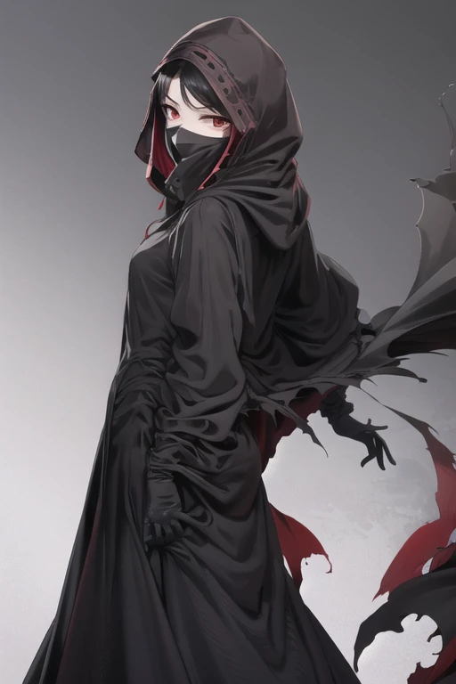 NNAssassinFSF, 1girl, solo, black hair, long cape sleeves, sleeves covered hands, long skirt, robe dress, long cape, cape, black cloak, hood up, black robe, covered mouth, white gloves, mask, hooded cloak, ((masterpiece, best quality)),standing, robe cross, room, red eyes, happy look,