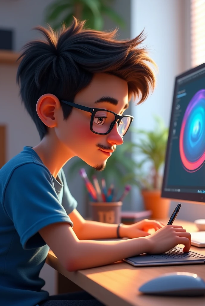 20 year old boy animation in 3d pixar style with square oakley glasses, goatee on chin, thin mustache, light skin, short dark brown hair, using a graphics tablet on the computer and blue clothes